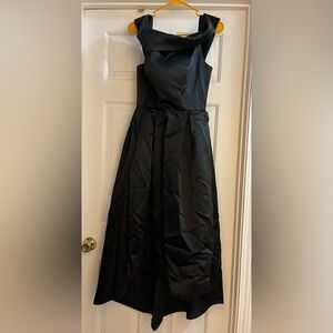 Elegant S/M Black Satin Evening Dress laces up back, off shoulder NWOT